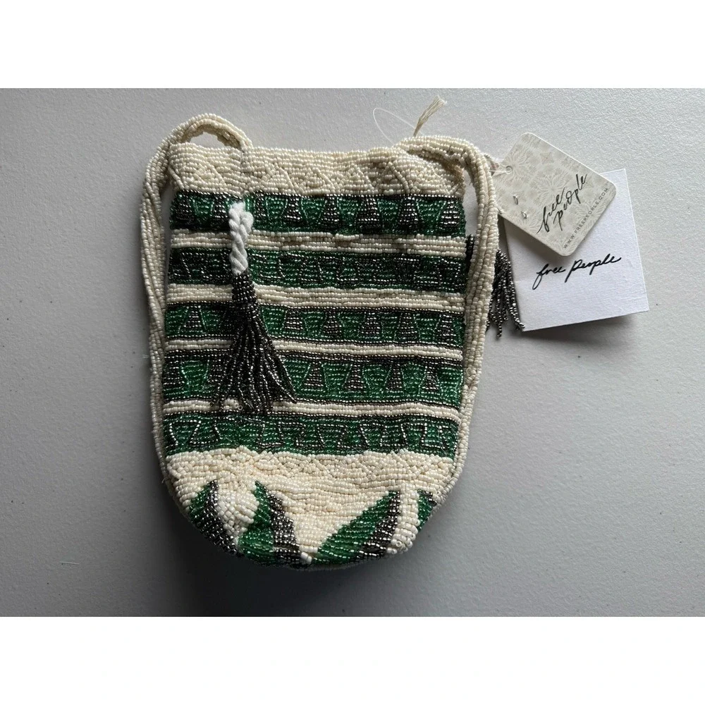 FREE PEOPLE Beaded Tassel Pouch NWT Green Ivory Drawstring Beaded Bag - Picture 7 of 13